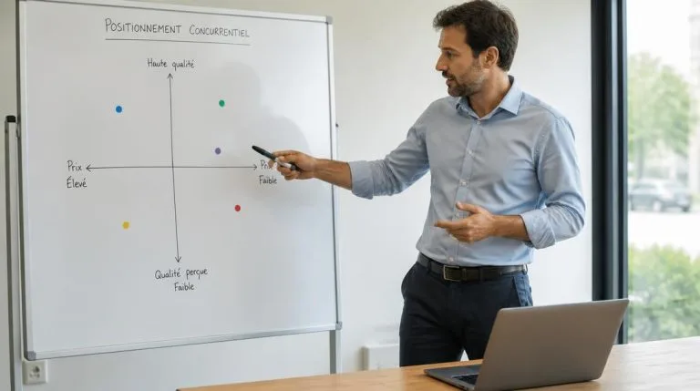 Conseillère analysant un mapping concurrentiel sur tableau