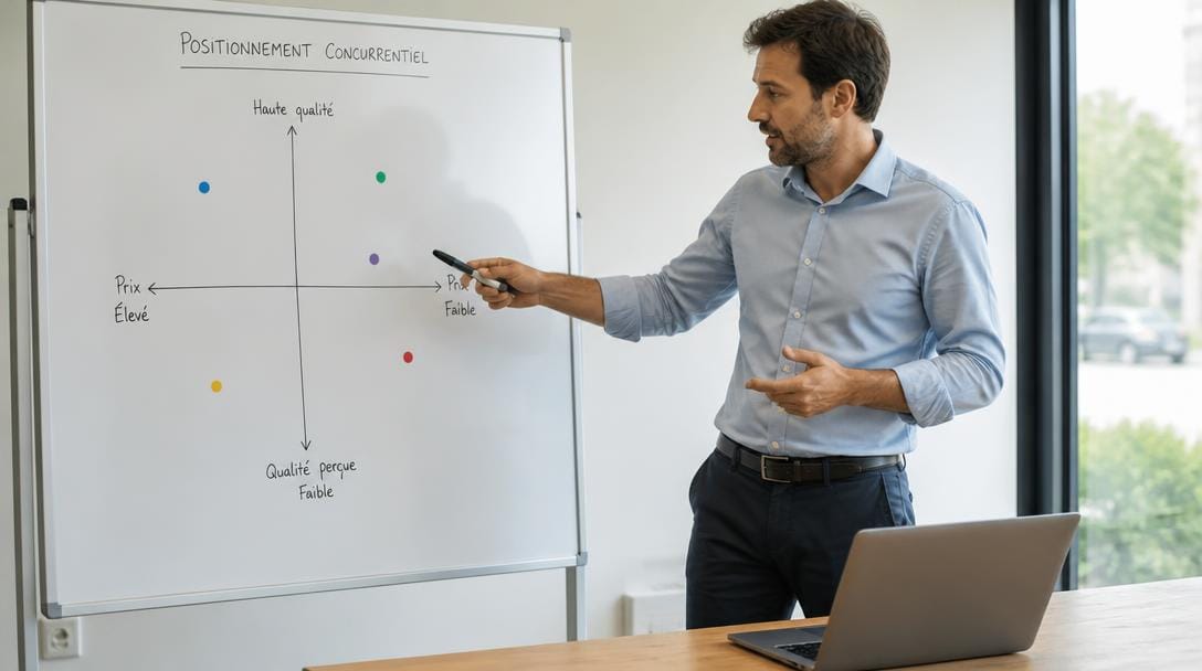 Conseillère analysant un mapping concurrentiel sur tableau