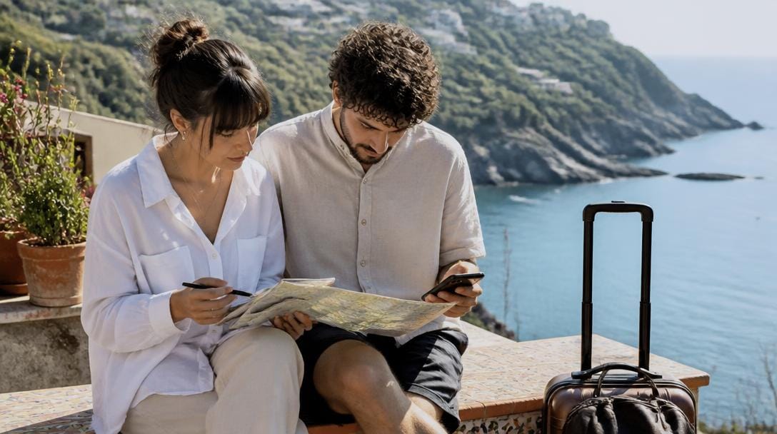 Couple choisissant où partir en mai au soleil