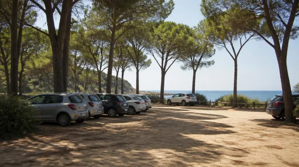 Voitures garées sous les pins près du littoral