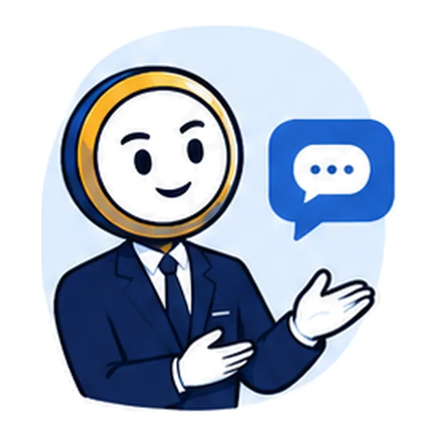 Mascotte en costume pointant une bulle de dialogue bleue