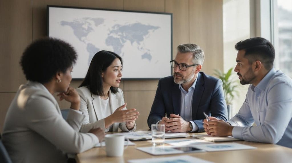 Équipe internationale analysant un audit financier