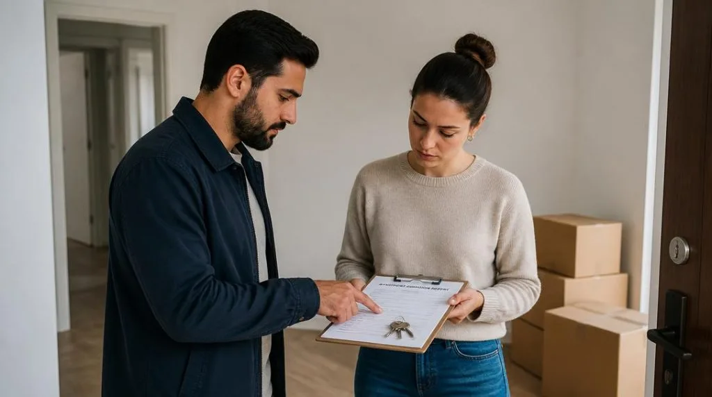 Propriétaire et emprunteur préparant la restitution du bien