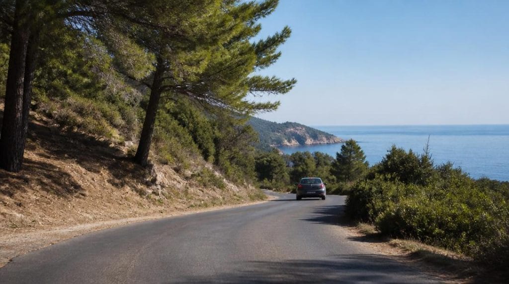 Voiture sur une route littorale bordée de pins