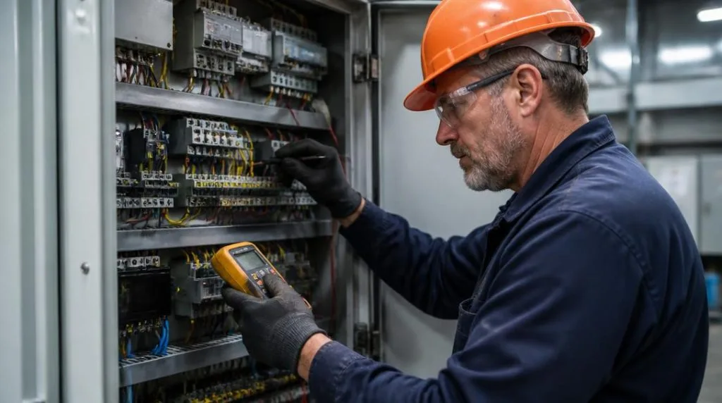 Électricien industriel devant une armoire électrique