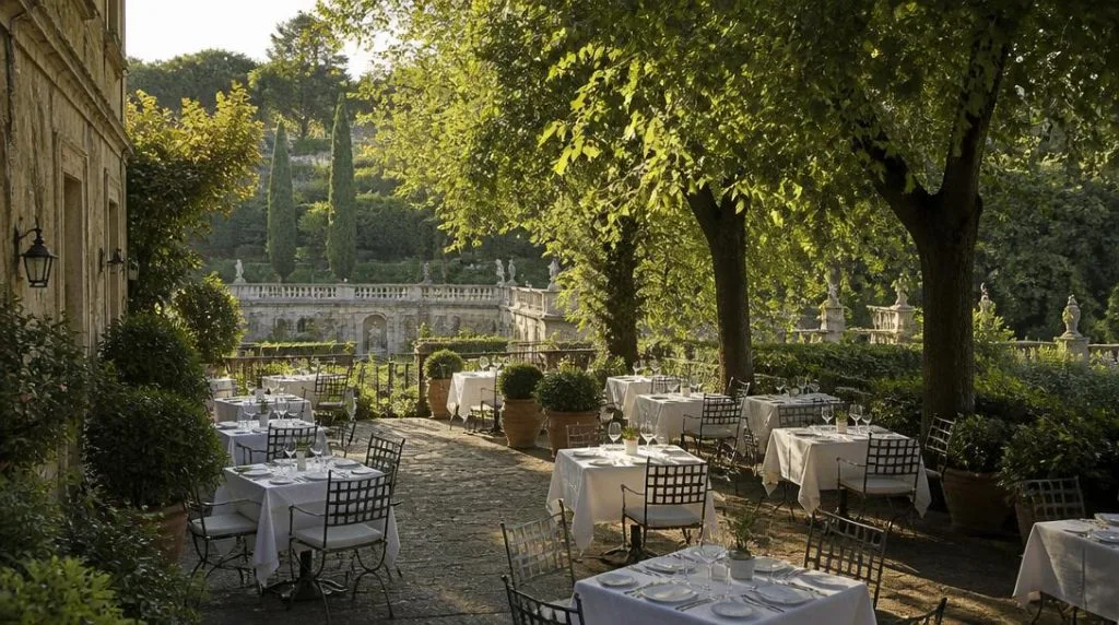 Terrasse de cuisine italienne dans un jardin historique