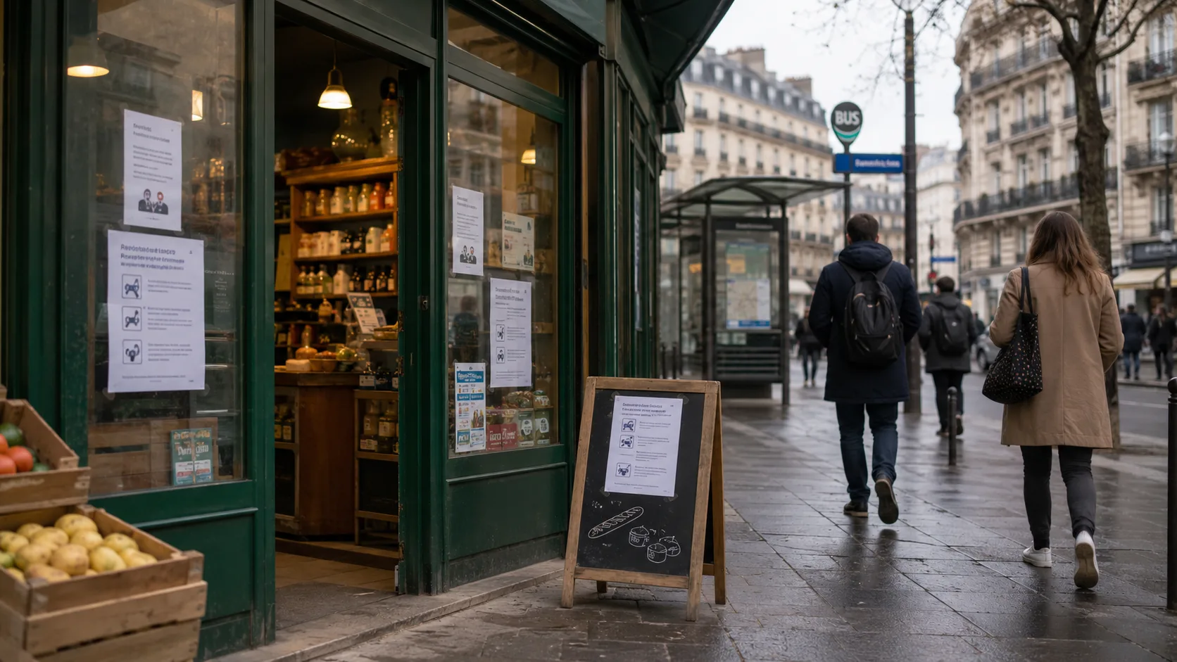 Vitrine de magasin, affiches visibles et chevalet sur trottoir mouillé