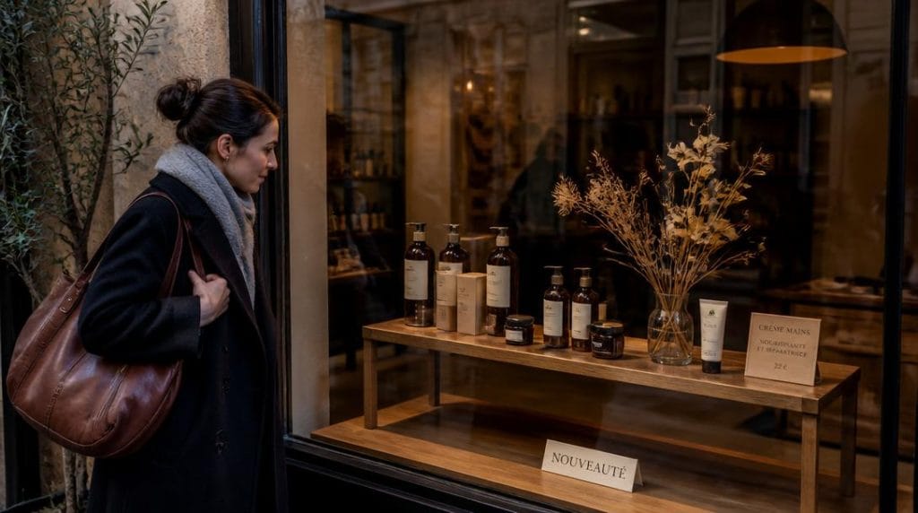 Vitrine de magasin avec produits d’appel visibles