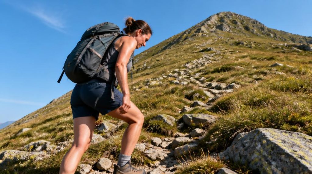 Randonneur montant un sentier raide et dégagé