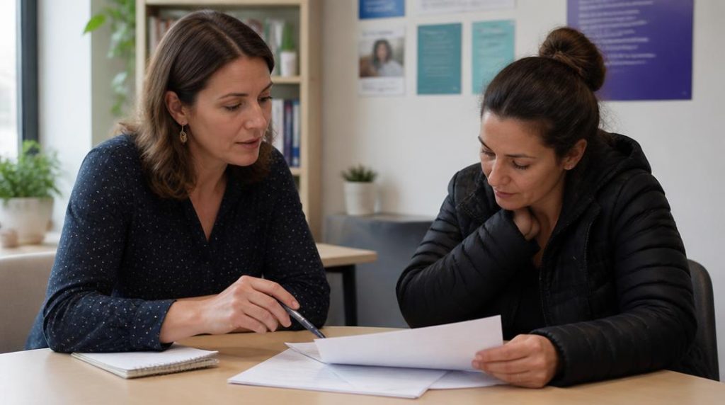 Assistant social accompagnant une personne dans ses démarches