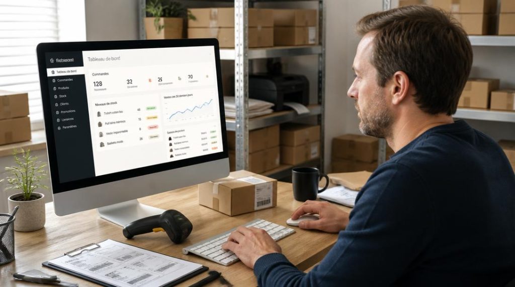 Interface d'administration avec commandes et stocks e-commerce