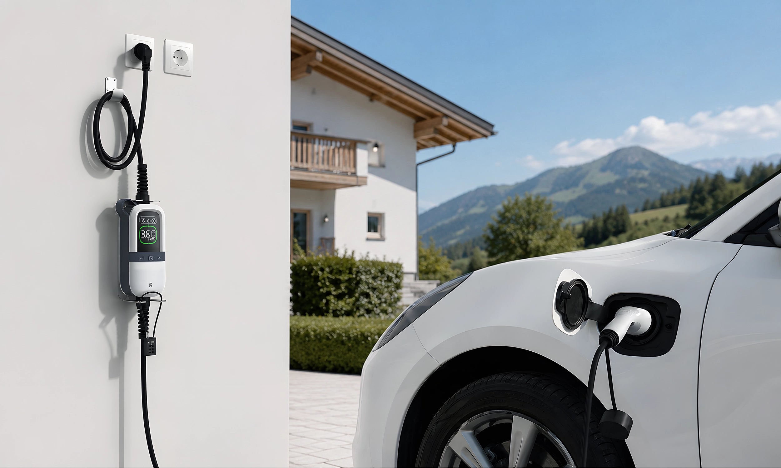 Chargeur mural extérieur branché, SUV blanc connecté sur allée
