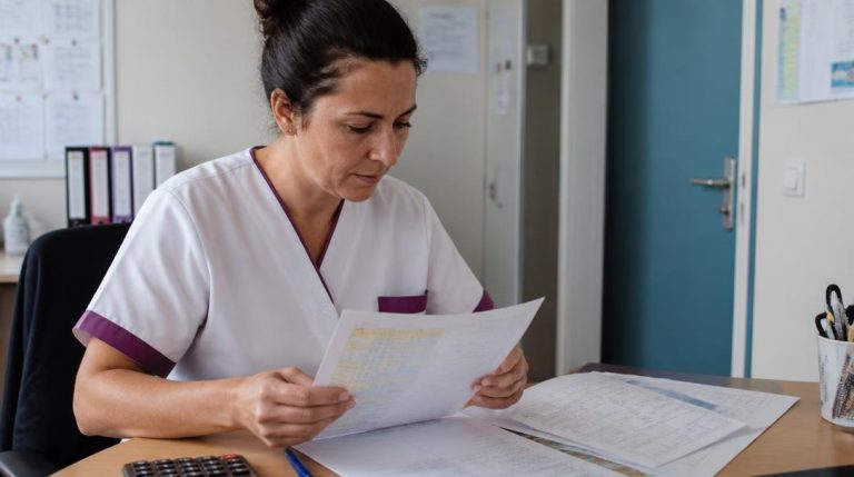 Salariée relisant sa paie CCN51 avec documents
