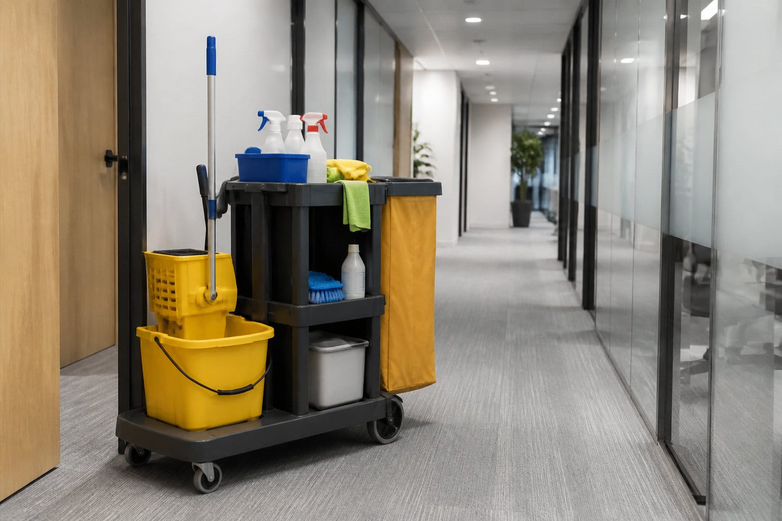 Chariot d’entretien avec seau, balai et produits dans un couloir