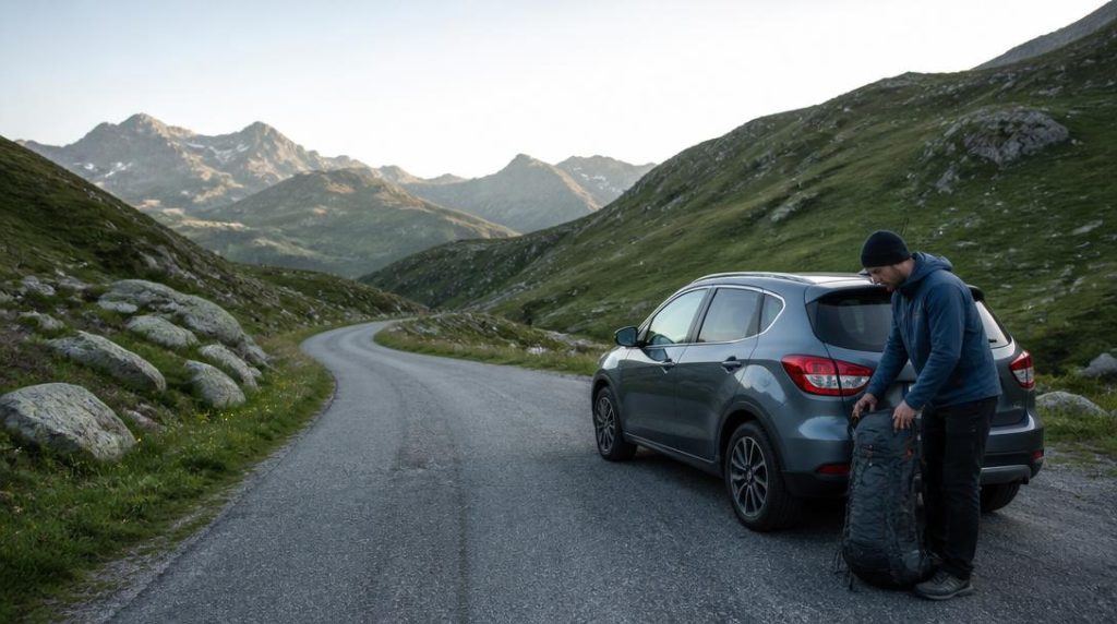 Départ de randonnée au bord d'un col verdoyant