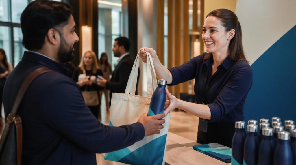 Distribution de goodies lors d’un événement professionnel