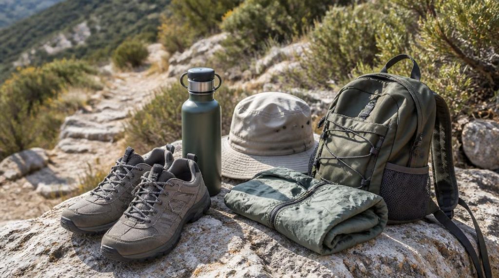 Chaussures, eau et sac pour randonnée estivale