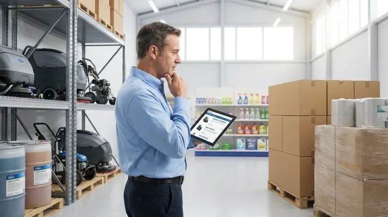 Responsable vérifiant du matériel de nettoyage professionnel sur tablette