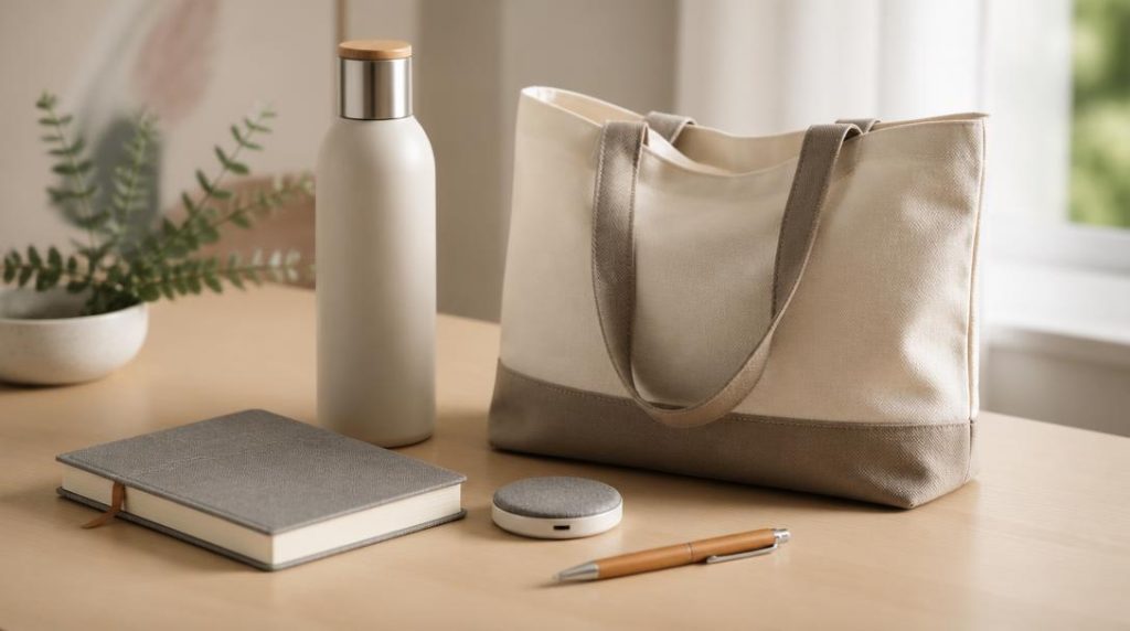 Sélection de goodies événementiels utiles sur une table