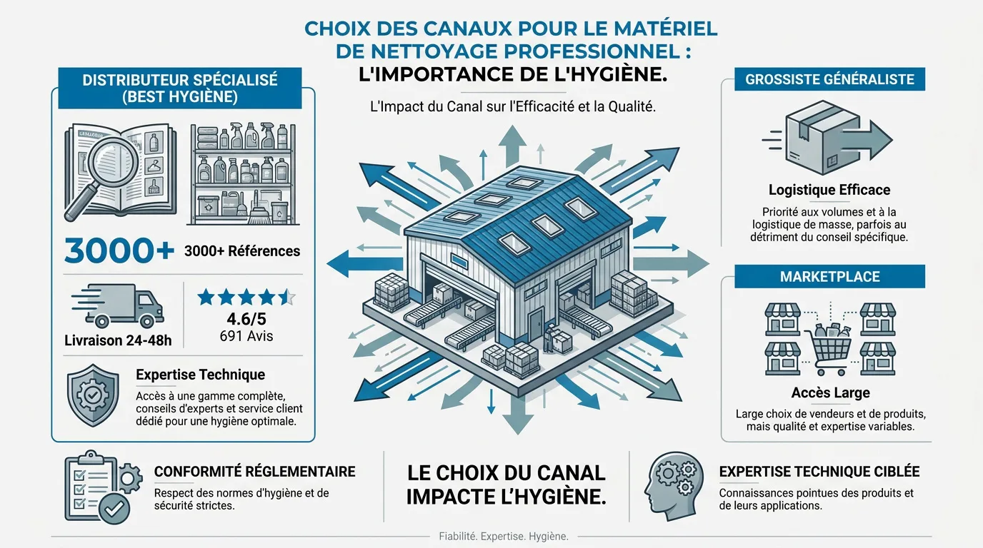 Infographie comparant distributeur, grossiste et marketplace pour l’hygiène