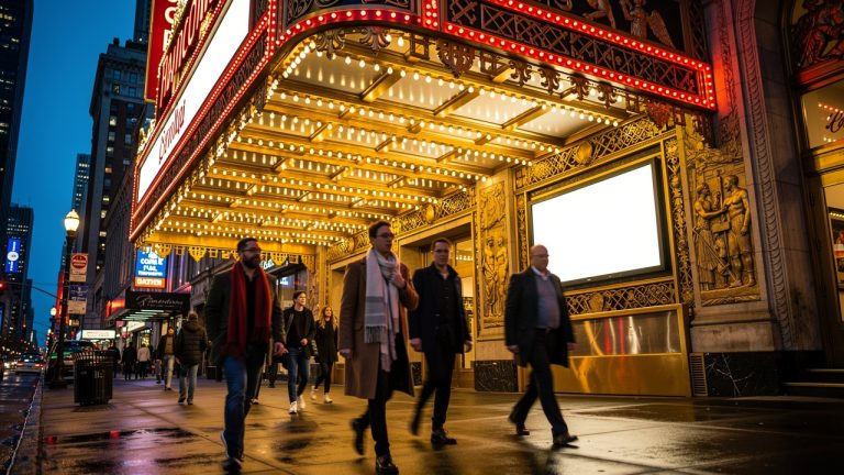 Piétons devant une entrée de théâtre illuminée à New York