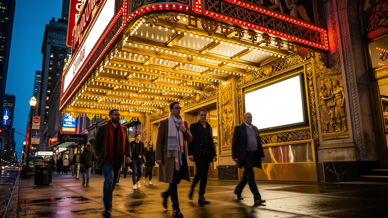 Piétons devant une entrée de théâtre illuminée à New York