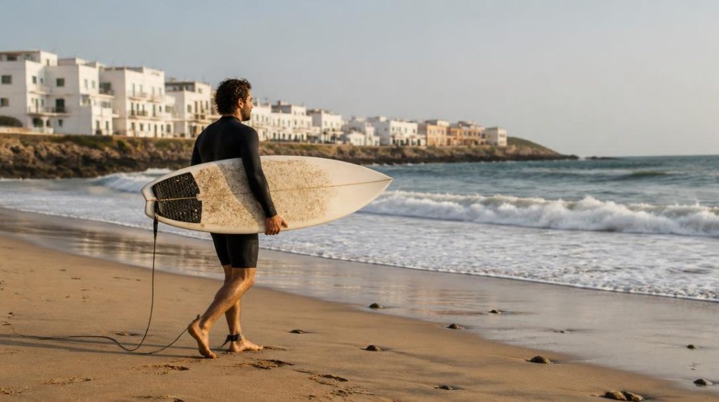 Surfeur sur plage Atlantique marocaine