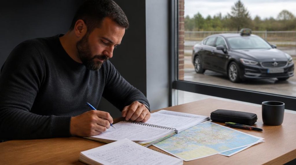 Candidat préparant l’examen taxi avec cours et plan