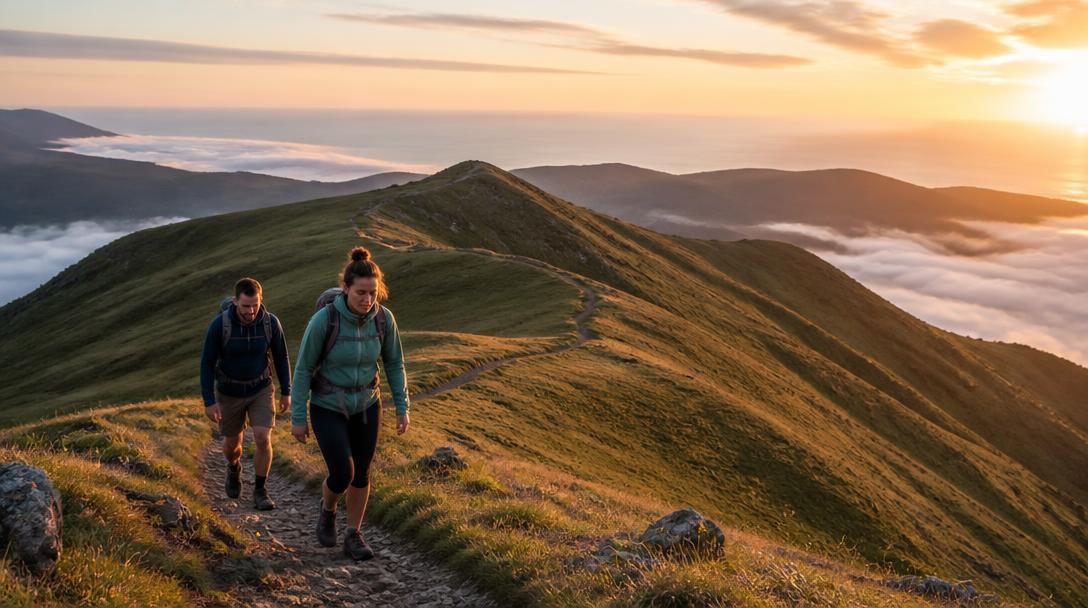 Randonneurs sur une crête de montagne panoramique
