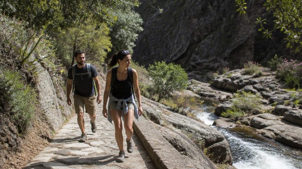 Randonneurs sur un sentier de gorge au bord du torrent