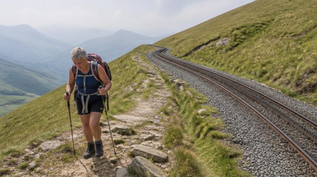 Sentier balisé de montagne près d'une voie ferrée