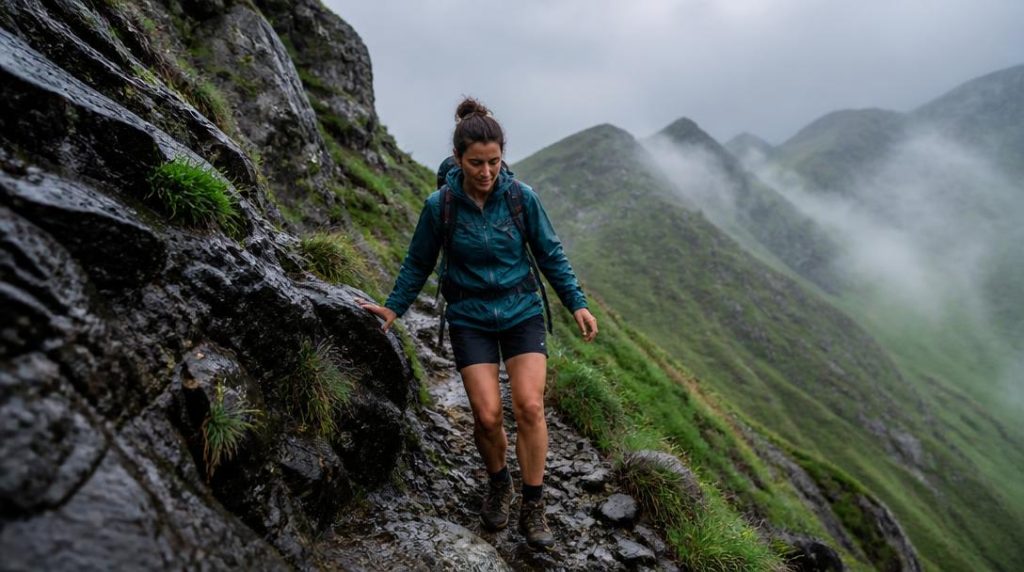 Sentier rocheux humide sur une randonnée sportive