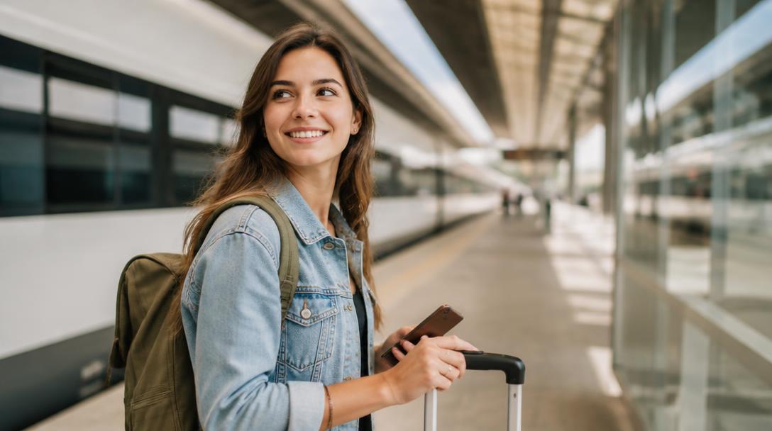 Jeune femme avec valise et smartphone sur un quai de gare
